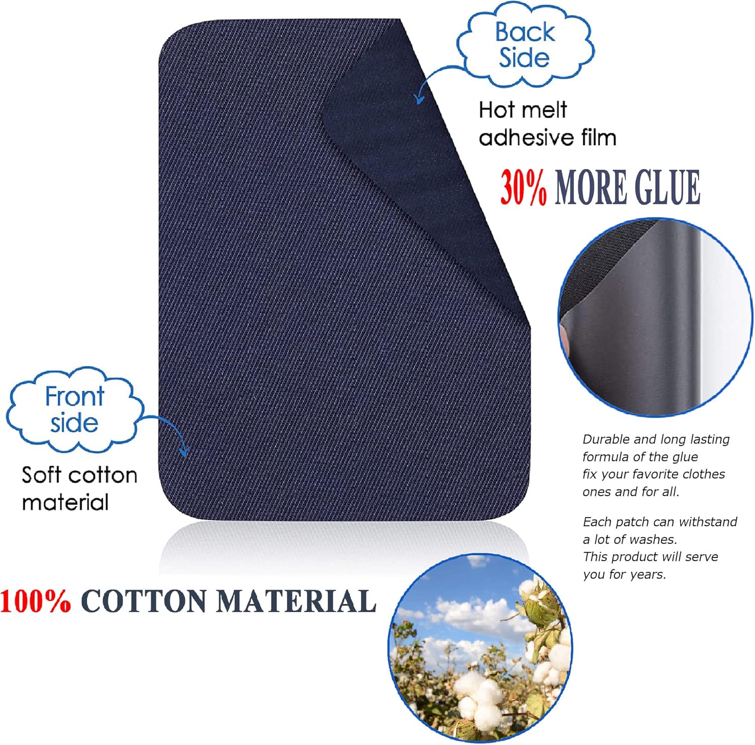 12 parches de tela para planchar en el interior y el exterior, pegamento fuerte, parche de reparación 100% algodón para ropa y pantalones,