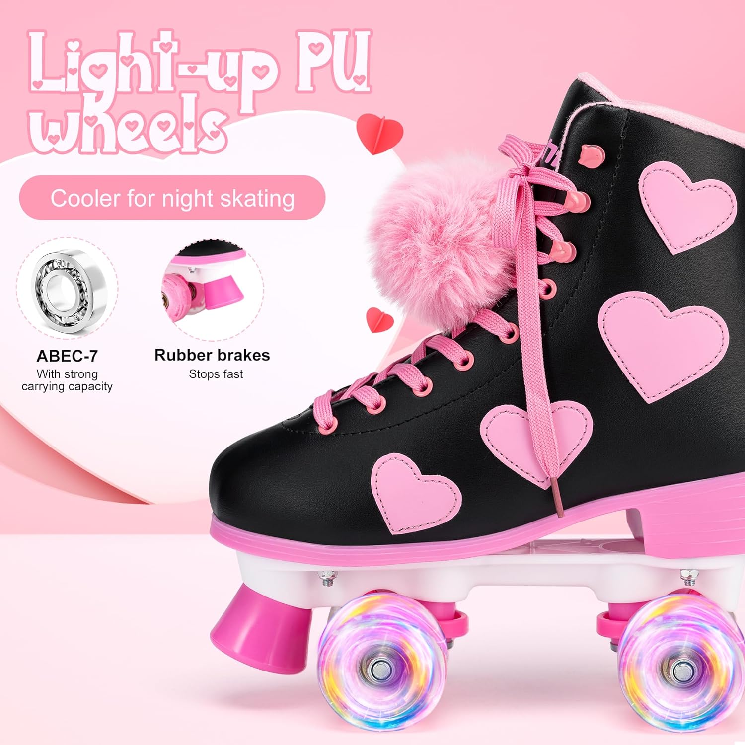 Ruthfot Patines clásicos para mujeres y niñas con ruedas iluminadas y patrón de corazón de amor, patines de piel sintética de alta calidad