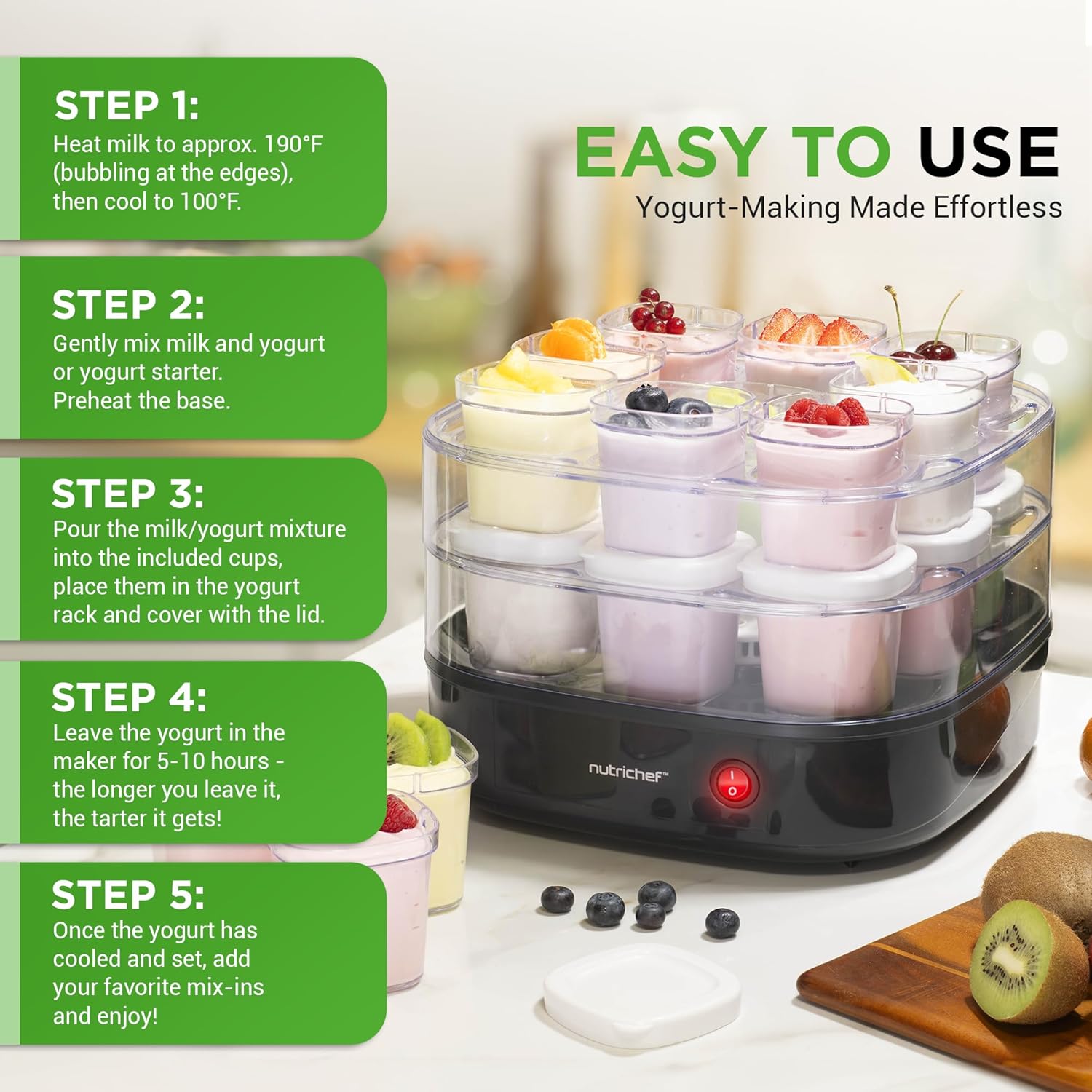 Nutrichef Máquina automática de yogur de 17 tazas  Incluye 17 vasos reutilizables de 5 onzas con tapas y estante de yogur para almacenamiento