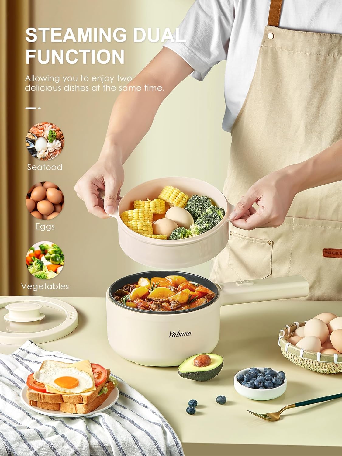 Yabano Olla eléctrica, olla eléctrica antiadherente de 850 W con vaporizador, olla de fideos de 1.6 litros con control de potencia doble, olla