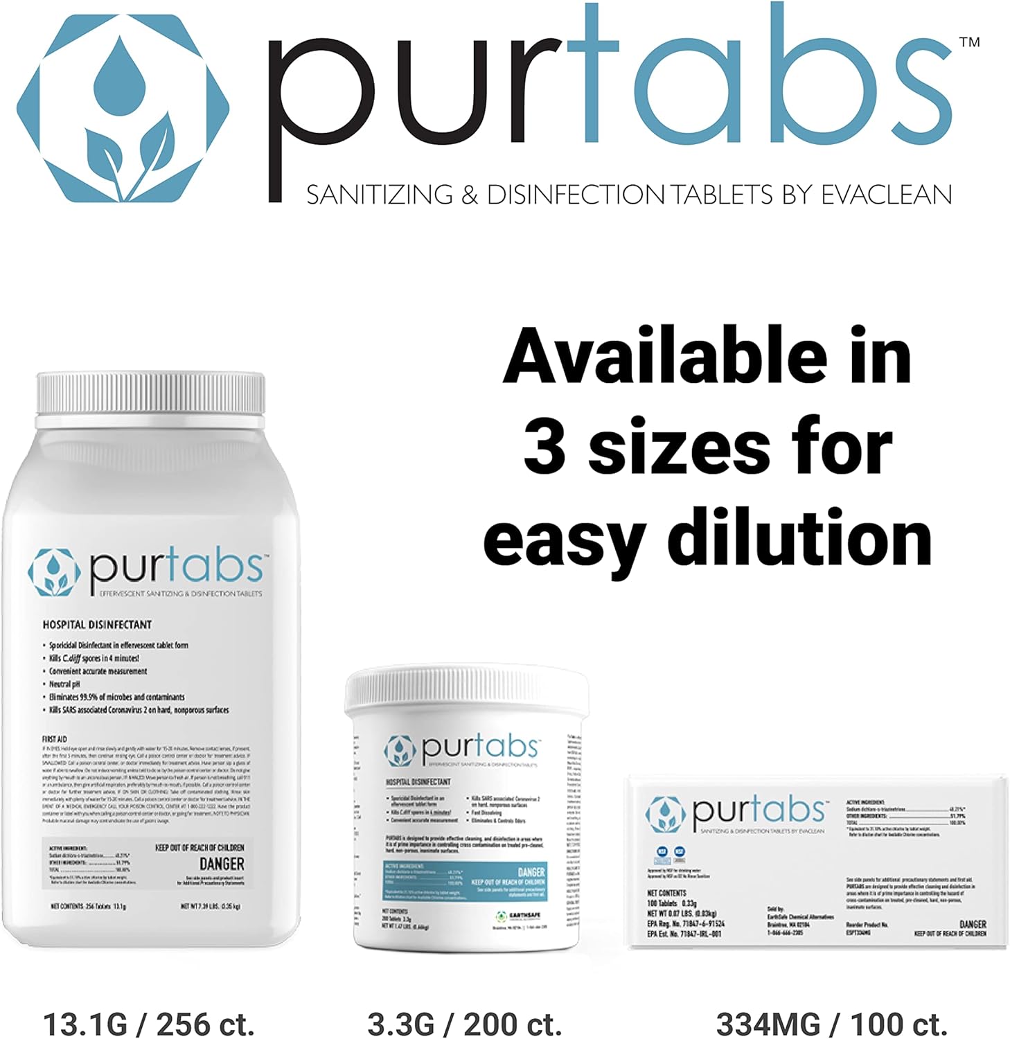 Desinfectante esporicida de tabletas NaDCC de 0.12 oz  Multiusos, pestañas concentradas de disolución para solución a granel, uso con EvaClean
