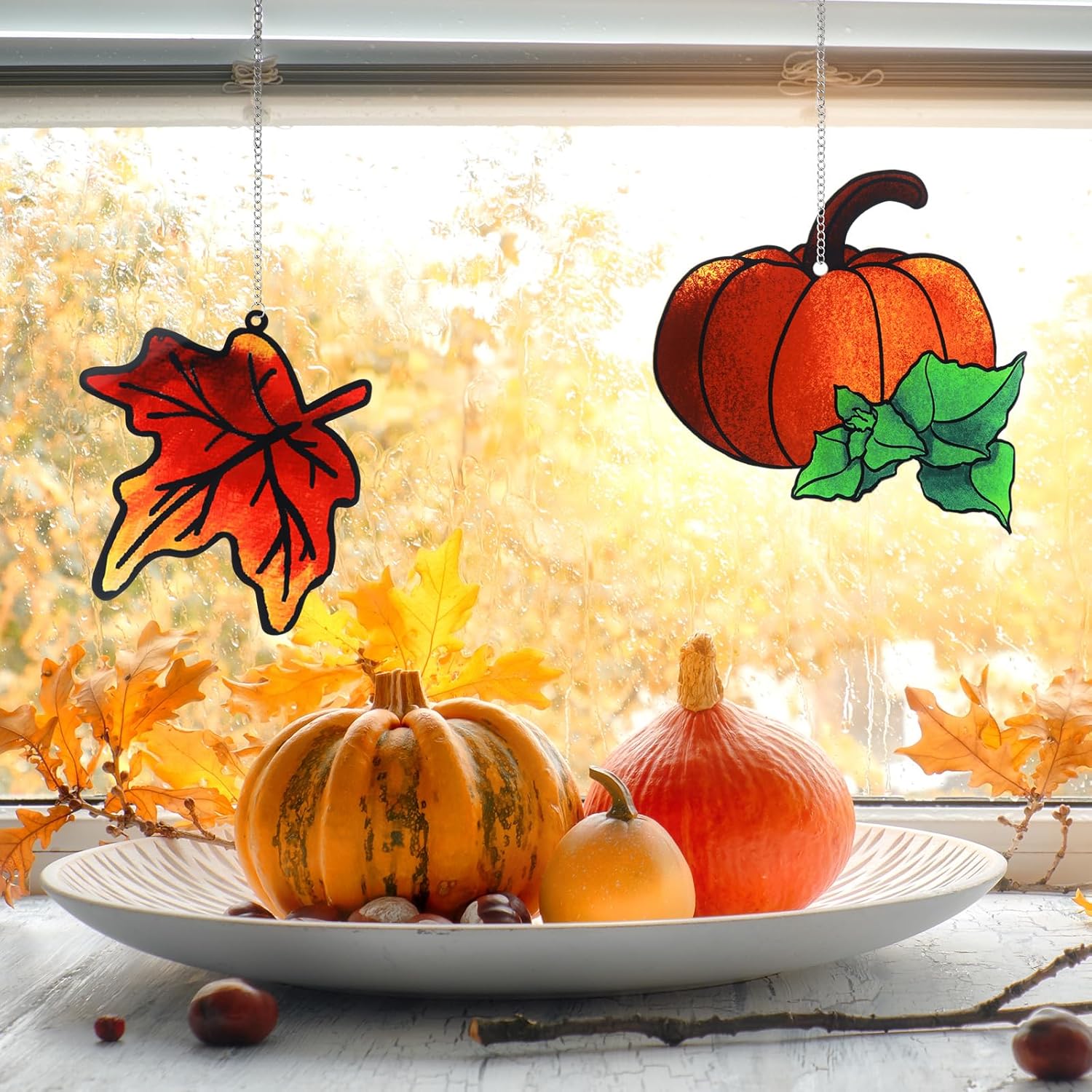Retisee 2 paquetes de atrapasoles de hojas de arce, decoración de otoño de calabaza, atrapasoles de Acción de Gracias, colgantes de ventana para