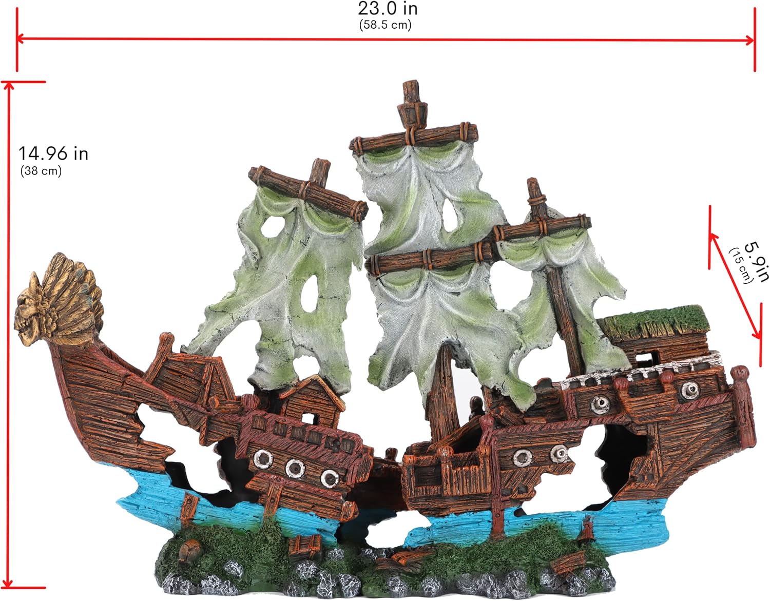 Adorno de acuario de naufragio grande con vela (2 piezas) de 20 galones de alto y más grande, adornos de decoración de barco hundido, barco pirata,