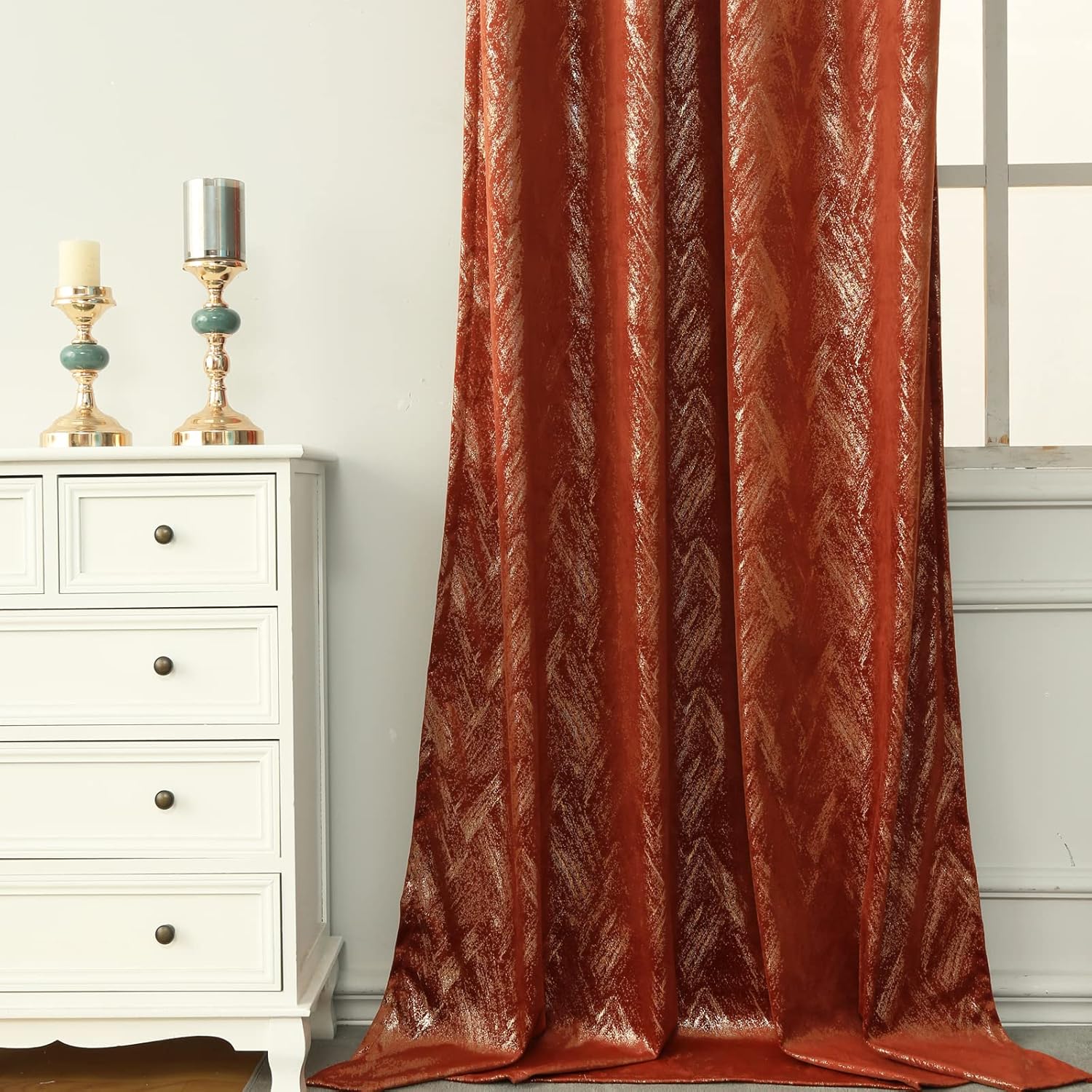 Tootop Cortinas de terciopelo naranja quemado, estampado dorado champán, patrón geométrico brillante, sala de estar, dormitorio, aislamiento térmico