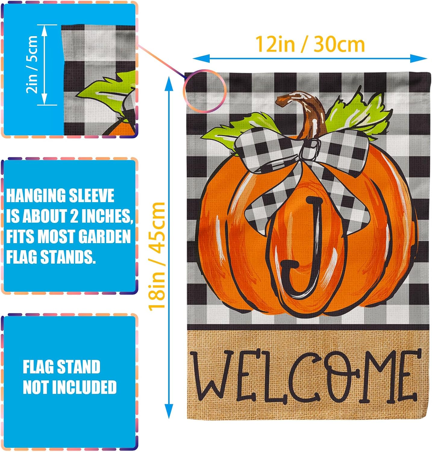 PAMBO CFA72-1J – Bandera de jardín de calabaza con monograma, bandera de otoño de 12 x 18 pulgadas, doble cara para familia, apellido, inicial,