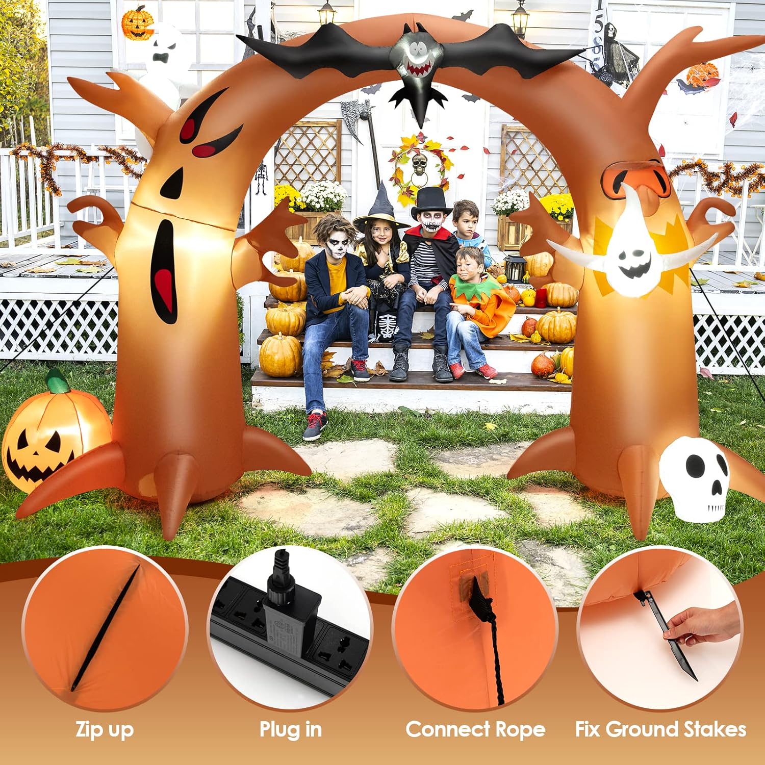 COSTWAY Arco de árbol muerto inflable de Halloween de 8 pies de alto con murciélago, luces LED brillantes y soplador integrado