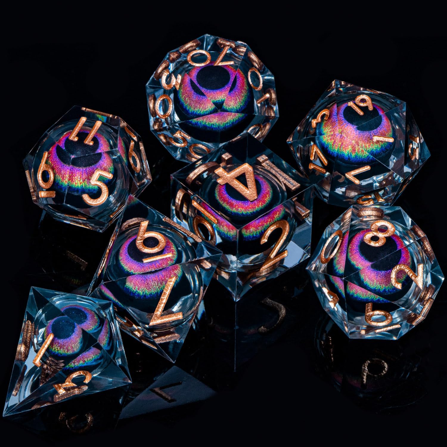 ARUOHHA DND – Juego de dados de ojo de dragón con núcleo líquido, de resina, bordes afilados, con caja de regalo, juego de rol de mazmorras y