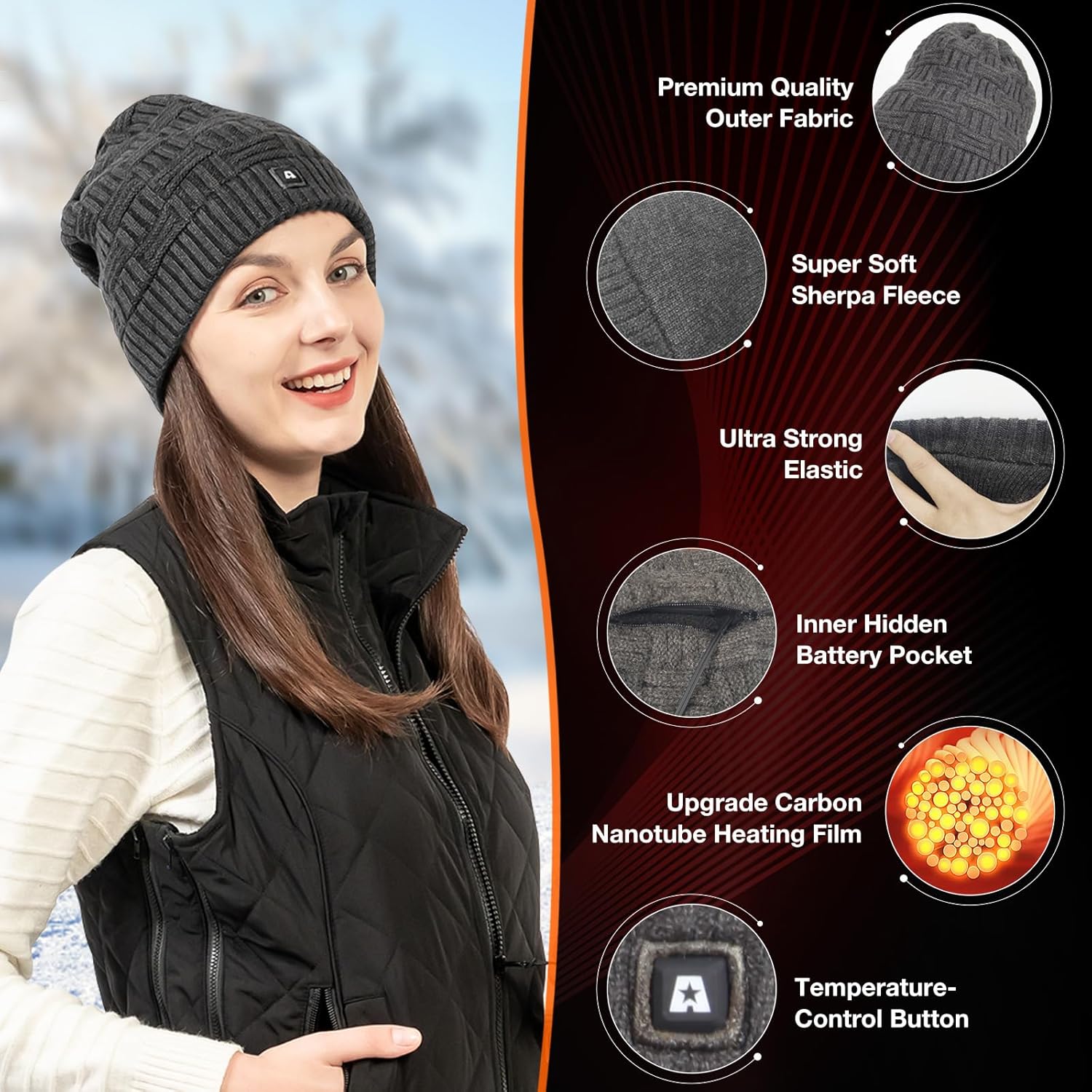 DUKUSEEK Heated Hat, Electric Winter Heated Beanie Hat with 7.4V Rechargeable Battery for Men Women Grey Black