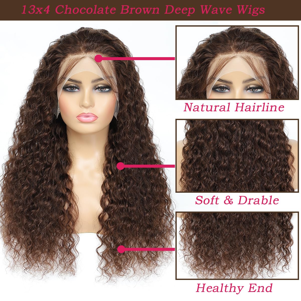 VCkiss Pelucas de cabello humano con encaje frontal color castaño chocolate, prearrancadas, 26 pulgadas, rizado, ondulado profundo, 13 x 4 HD,