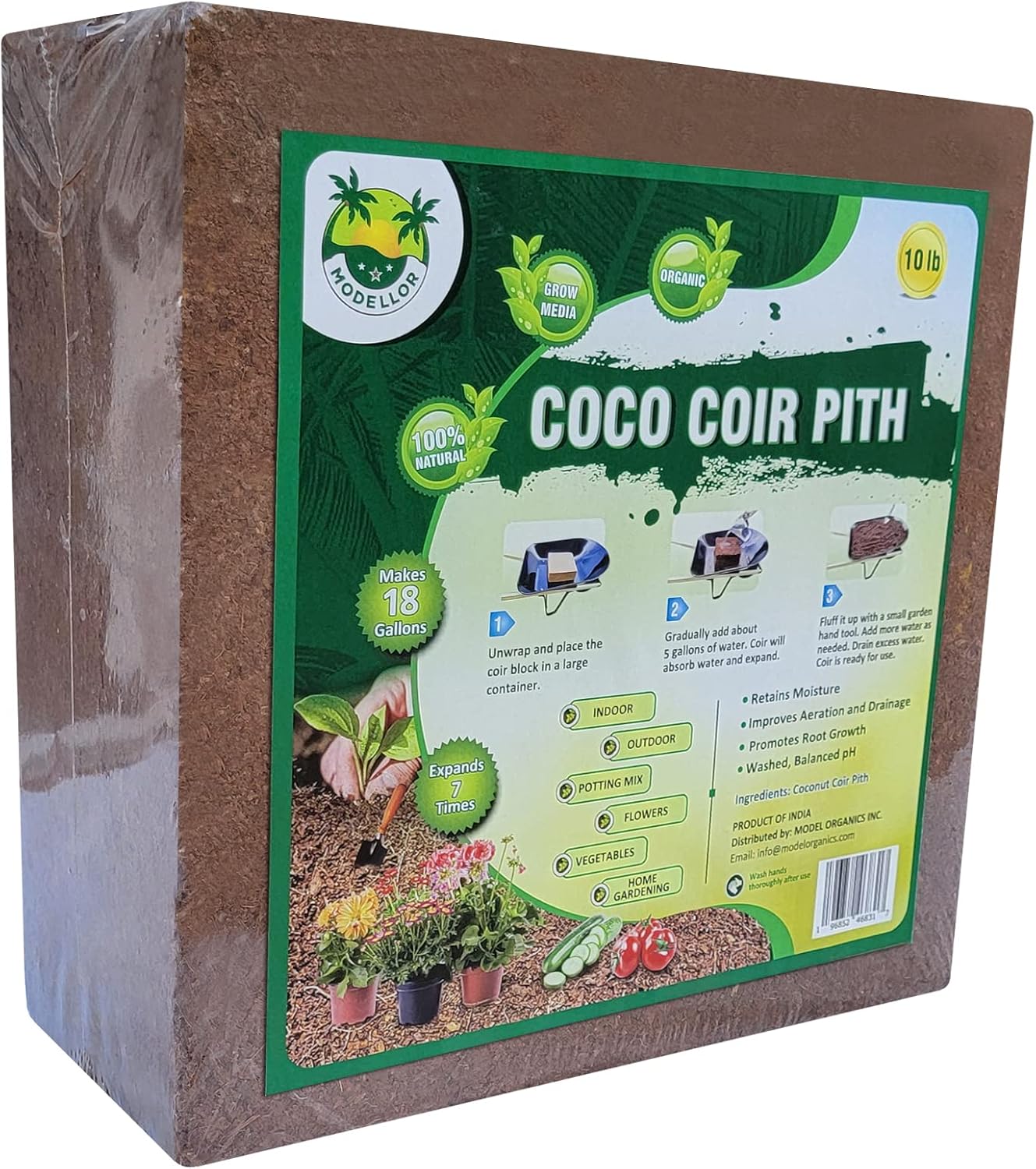 MODELLOR Bloqueladrillo de coco premium de 10 libras, rinde de 18 a 20 galones de fibra de coco en hidratación, orgánico, lavado, pH equilibrado,