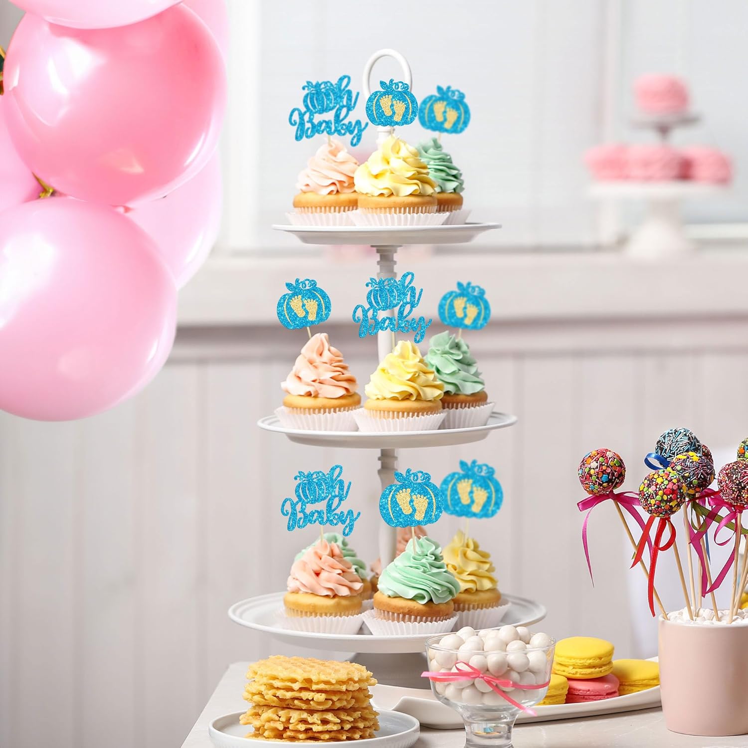 Gyufise 24 piezas de calabaza Oh Baby Cupcake Toppers Glitter Boy Baby Shower Calabaza Cupcake Picks Baby Feet Decoraciones para pasteles temáticos