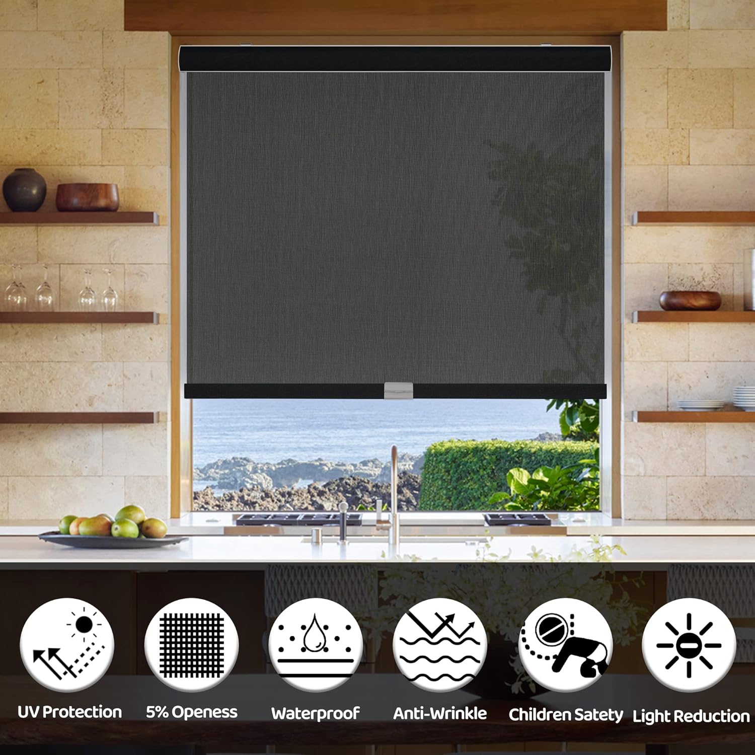 Persianas enrollables solares sin cordones con filtro de luz para ventanas con cenefa de casete, cortinas traslúcidas y reducen el deslumbramiento,