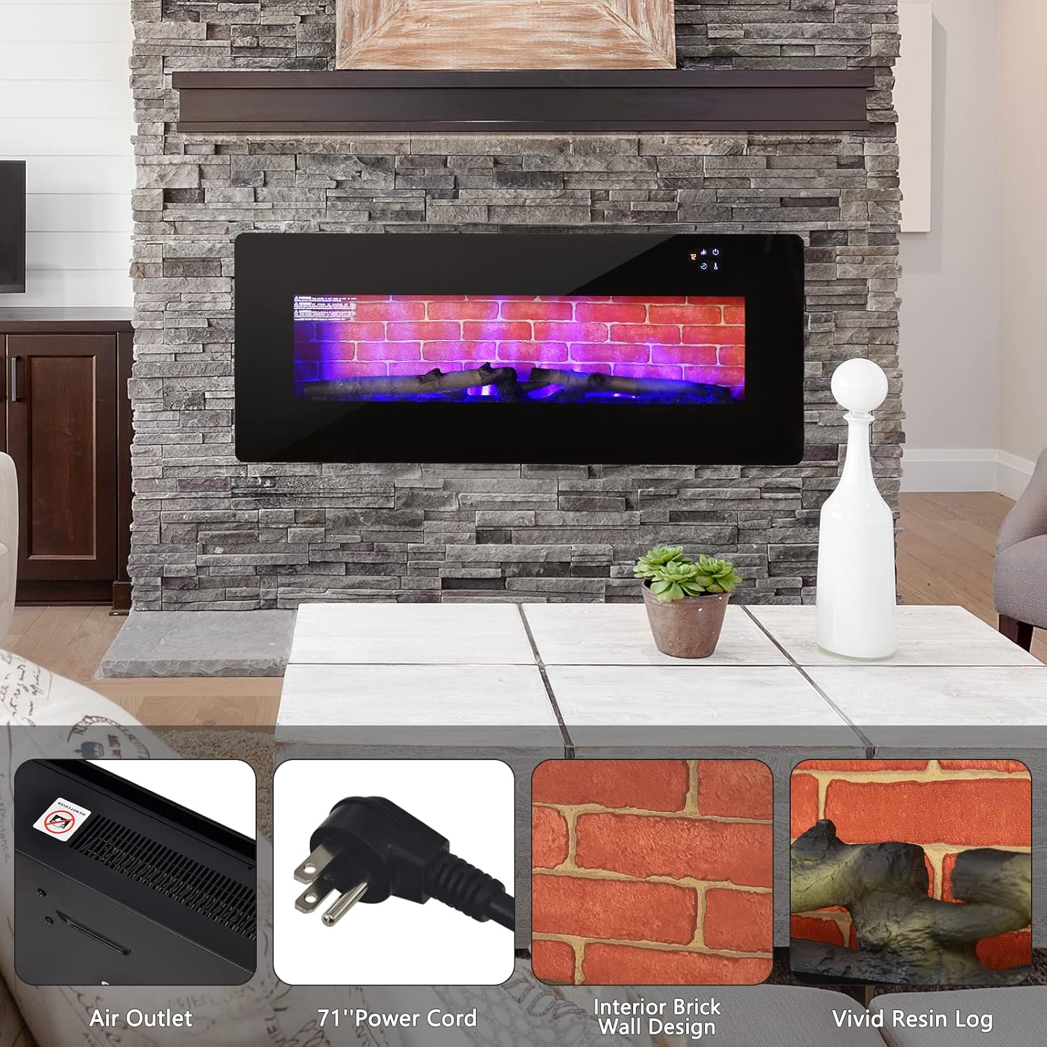 COSTWAY Chimenea eléctrica de 42 pulgadas, calentador de chimenea independiente y montado en la pared con control remoto, temperatura ajustable de