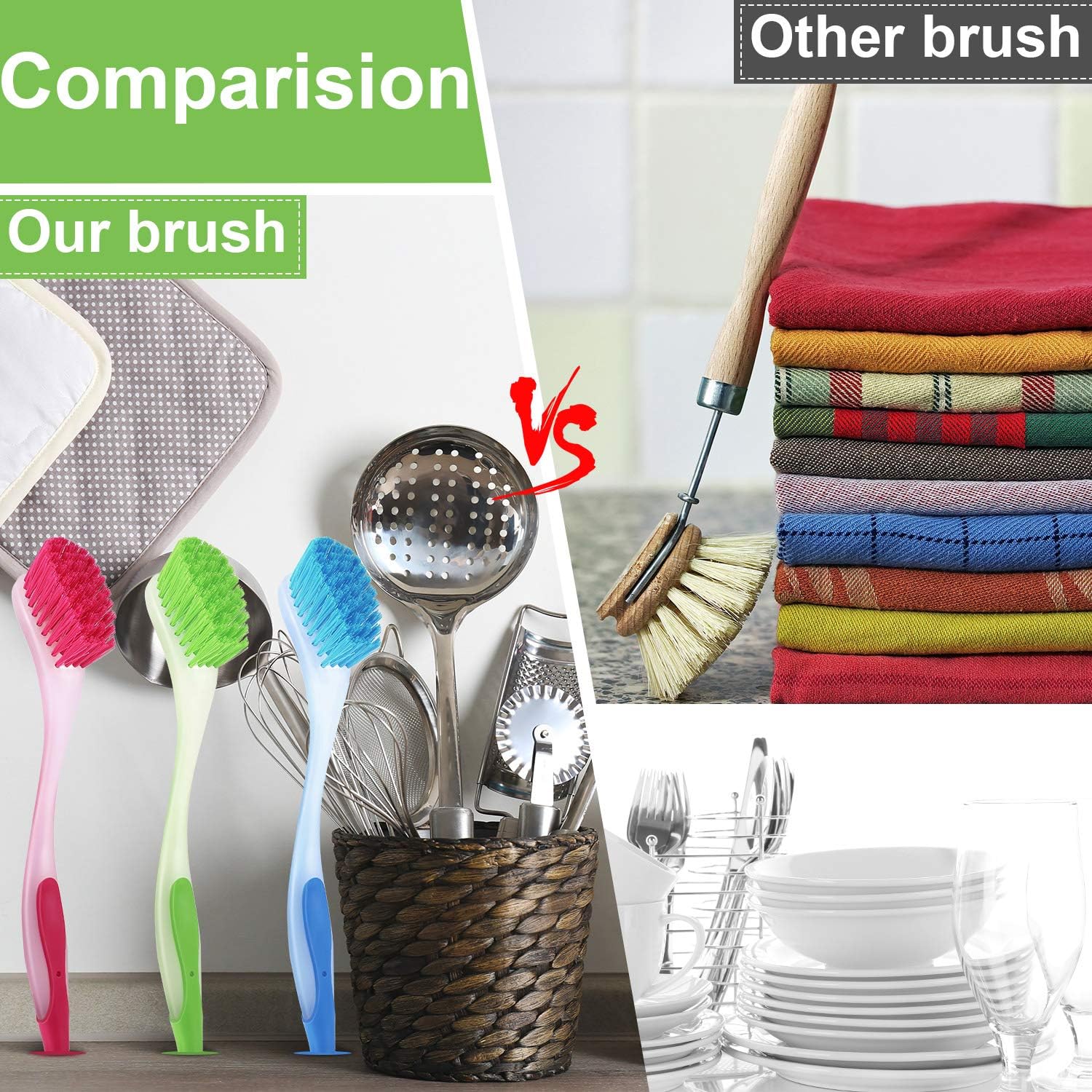 5 cepillos largos para platos con asa, cepillo para lavar platos de colores surtidos con ventosa, herramienta de limpieza multiusos para cocina,