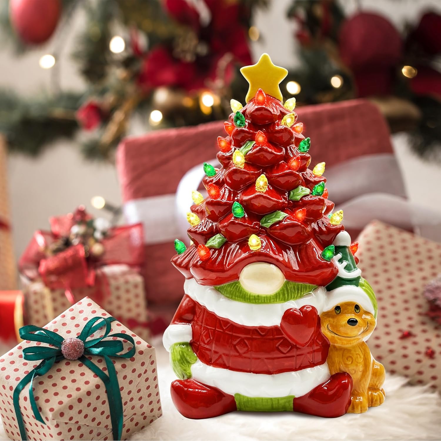 pinata Decoración navideña de gnomo de cerámica, gnomo rojo para mujeres, hombres y niños, árbol de Navidad de cerámica iluminado, decoración de
