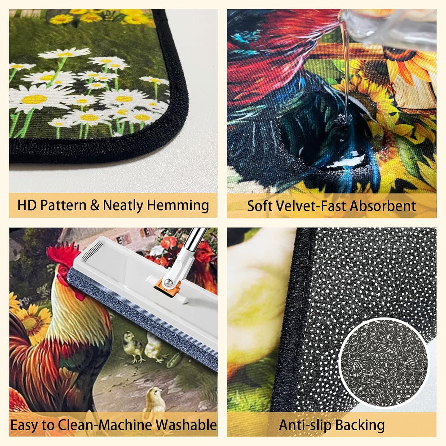 Alfombras de cocina de gallo, tapetes de microfibra antideslizantes y lavables para suelo de cocina, juego de 2 alfombras acolchadas de girasol para