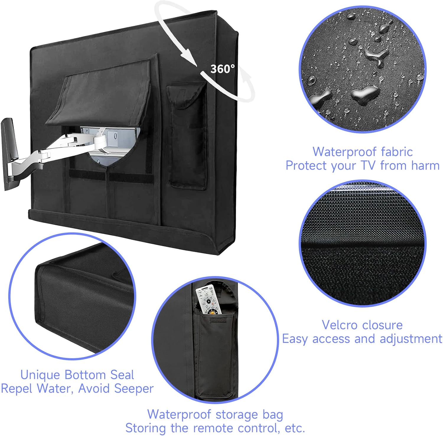 Funda de TV para exteriores, impermeable, resistente al polvo, resistente a la intemperie, color negro, con cubierta inferior, bolsillo de control