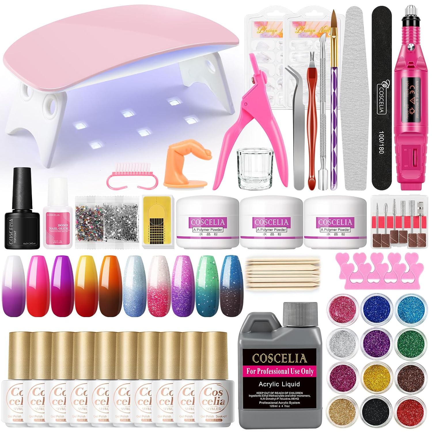 Kit de polvo acrílico con juego de esmalte de uñas de gel que cambia de color, polvos acrílicos y monómero líquido con purpurina, kit de arte de