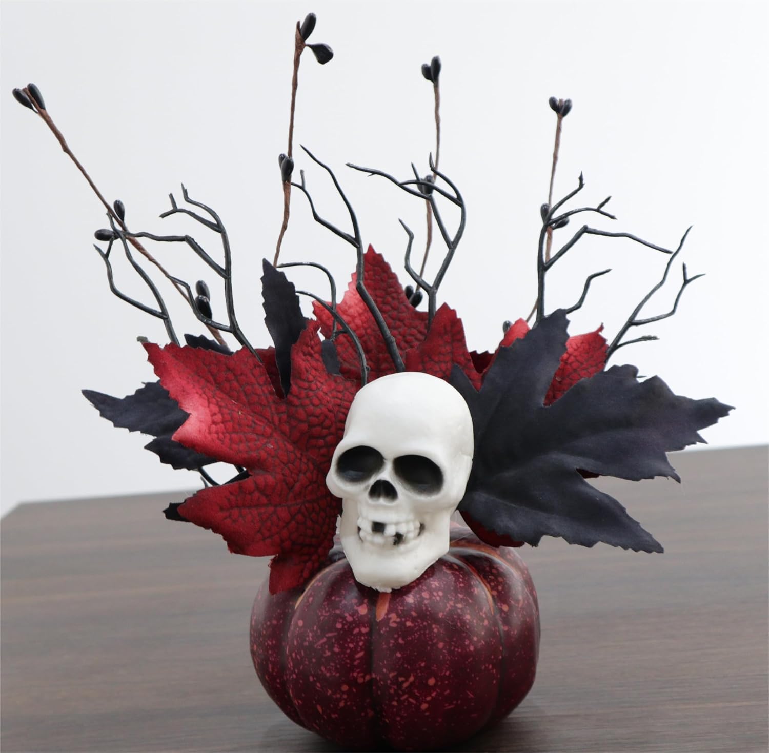 Adorno de calabaza artificial de Halloween, centros de mesa de hoja de arce y calavera de otoño de 9 pulgadas para arreglo floral de Halloween,