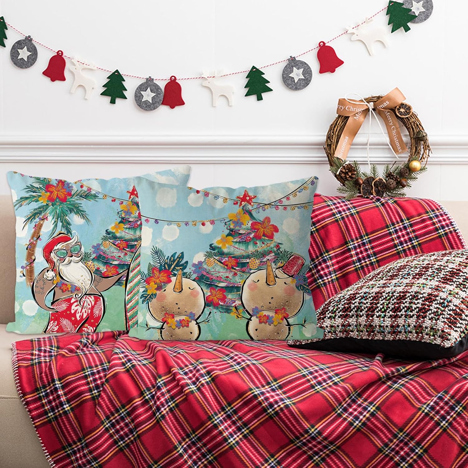 GAGEC Juego de 2 fundas de almohada navideñas de 18 x 18 pulgadas, fundas de almohada de Papá Noel costero, muñeco de nieve, fundas de almohada de