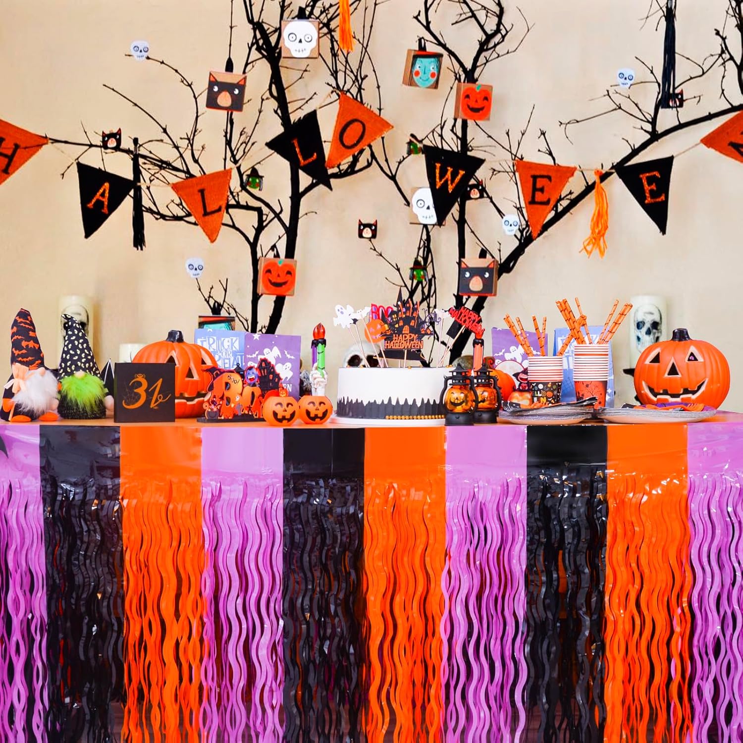 LOLStar Decoraciones de fiesta de Halloween, paquete de 4 faldas de mesa onduladas de oropel metálico con flecos de papel de aluminio para mesa