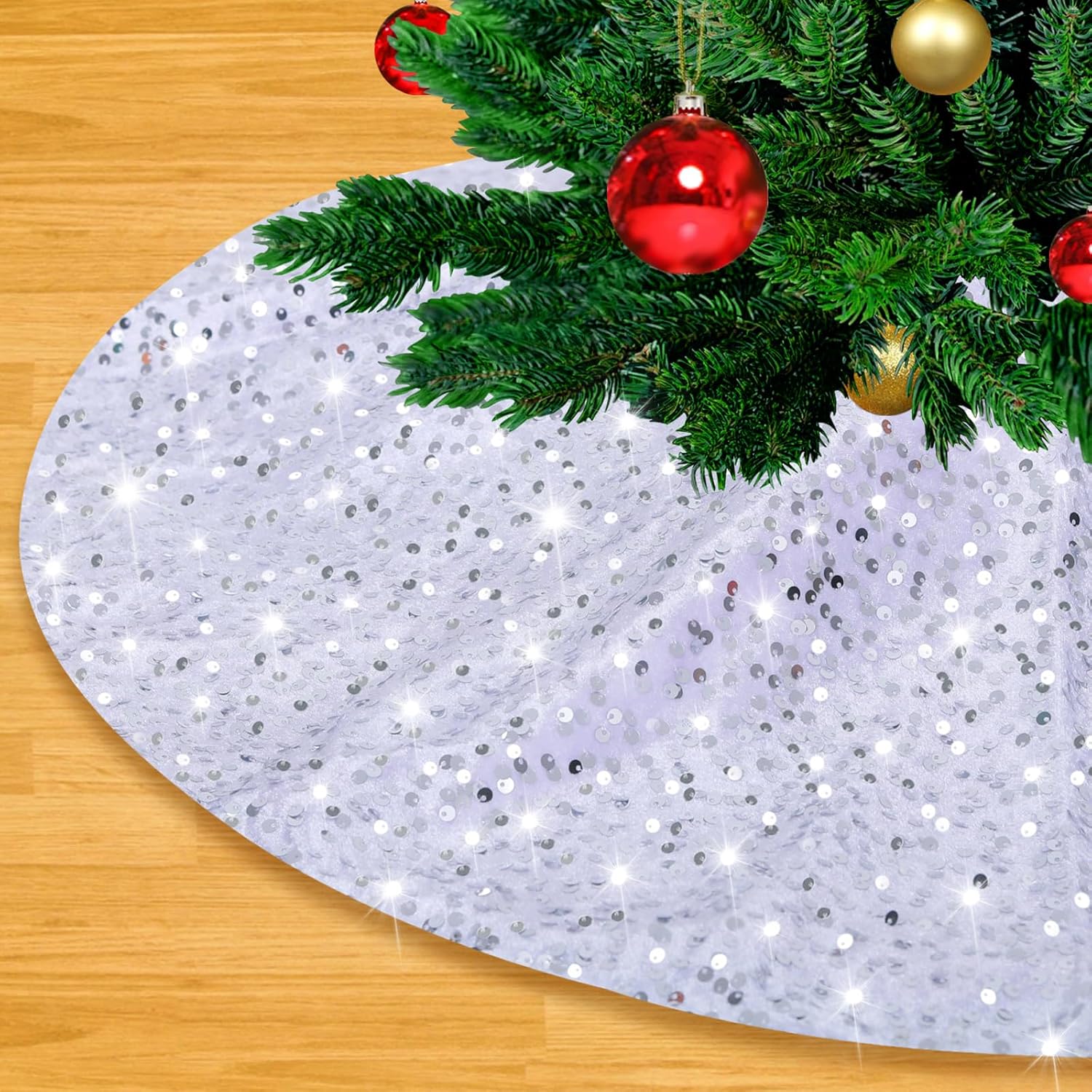 Falda de árbol de 48 pulgadas, falda de árbol de Navidad blanca plateada, falda grande de lentejuelas para árbol de Navidad de terciopelo para árbol