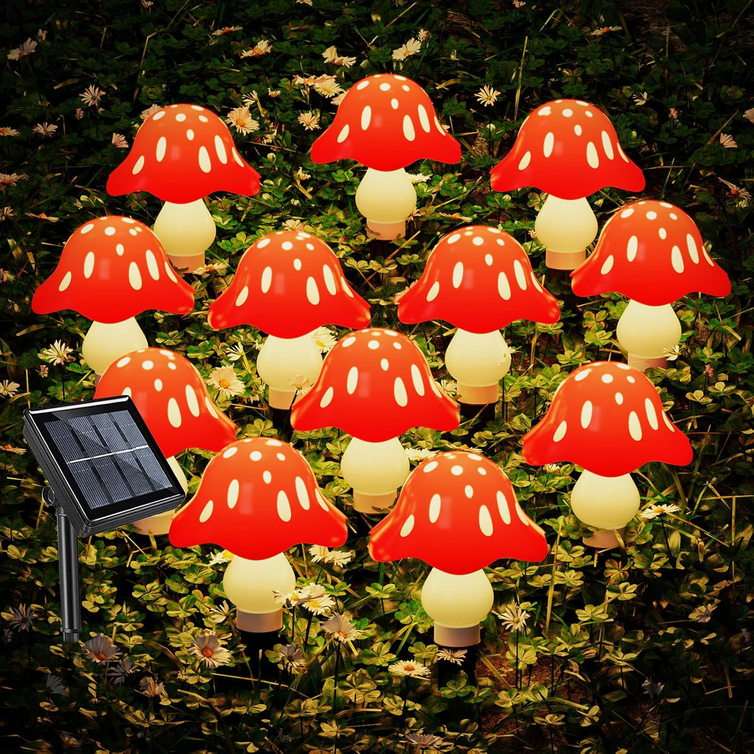 Luces solares rojas de hongos para exteriores, 12 unidades, 8 modos, 24.6 pies, impermeables, para jardín, patio, camino, campamento, decoración al