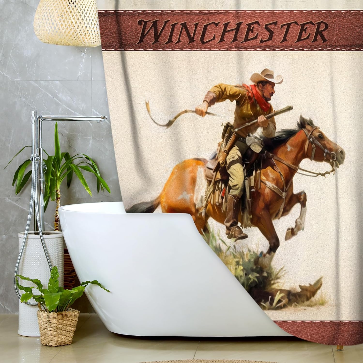 JAWO Juego de cortinas de ducha occidentales con diseño de vaquero con pistola a caballo, retro, vintage, decoración de baño con temática del
