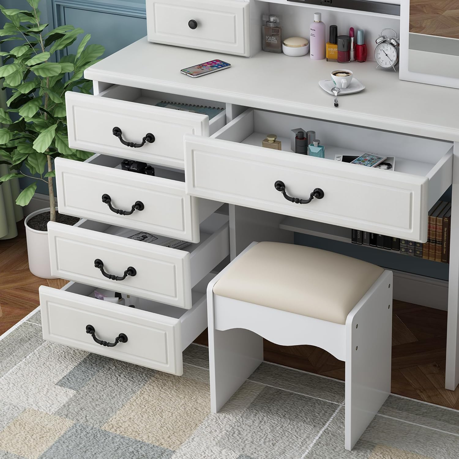 Escritorio de tocador con espejo iluminado, tocador de maquillaje con luces y cajones, mesa de maquillaje con espejo, 3 colores de iluminación,
