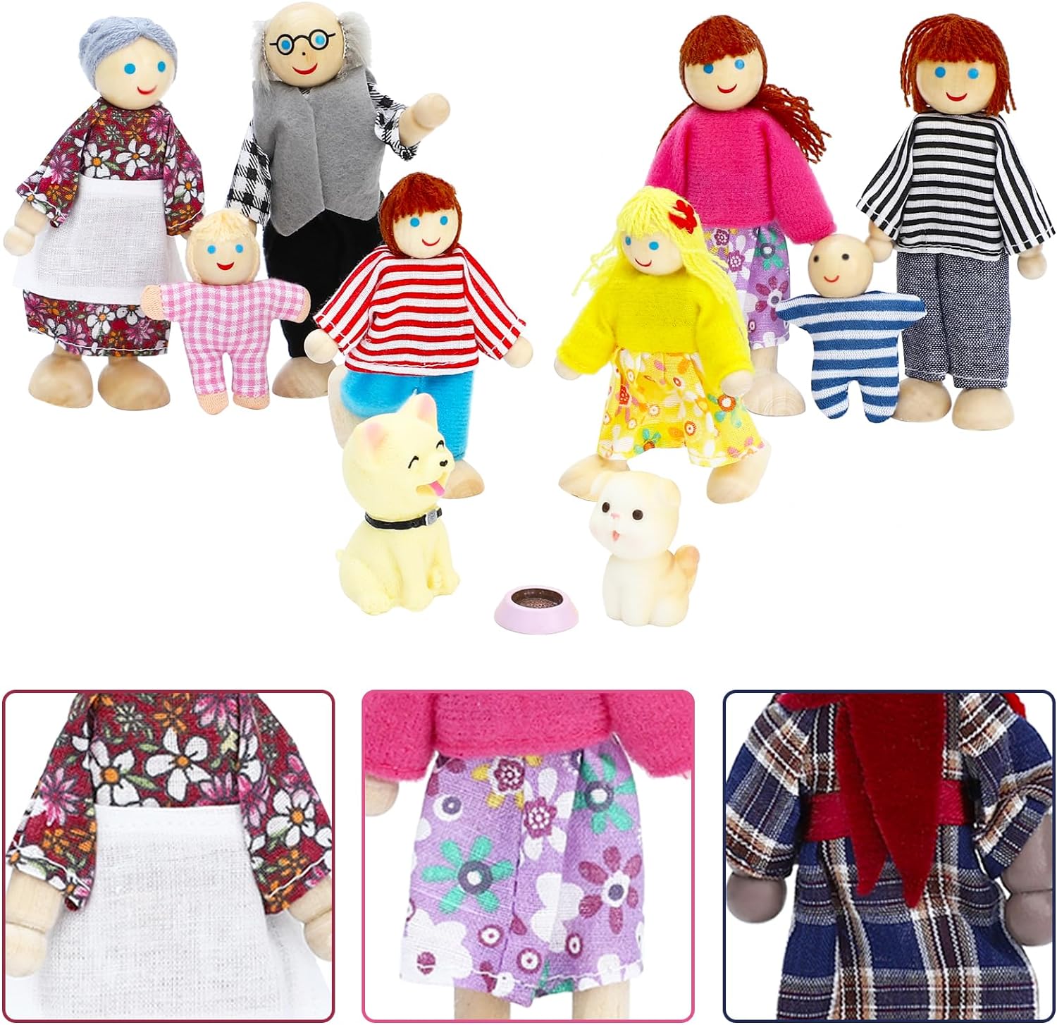 ONEST Juego de 20 piezas de casa de muñecas de madera, mini figuras de personas, juegos de perros y gatos, muñecas de madera, muñecas de madera,