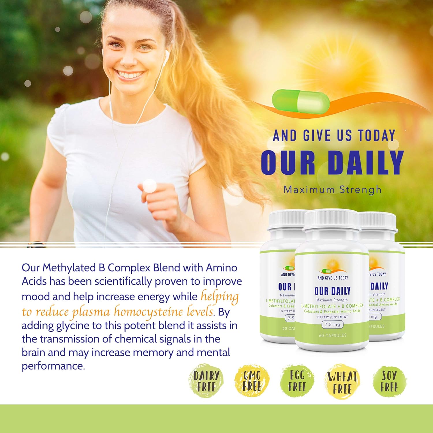 Our Daily Vites – Cofactores de complejo de L-metilfolato B y aminoácidos esenciales (7.5 mg), folato activo, metilcobalamina B12 metilcobalamina,
