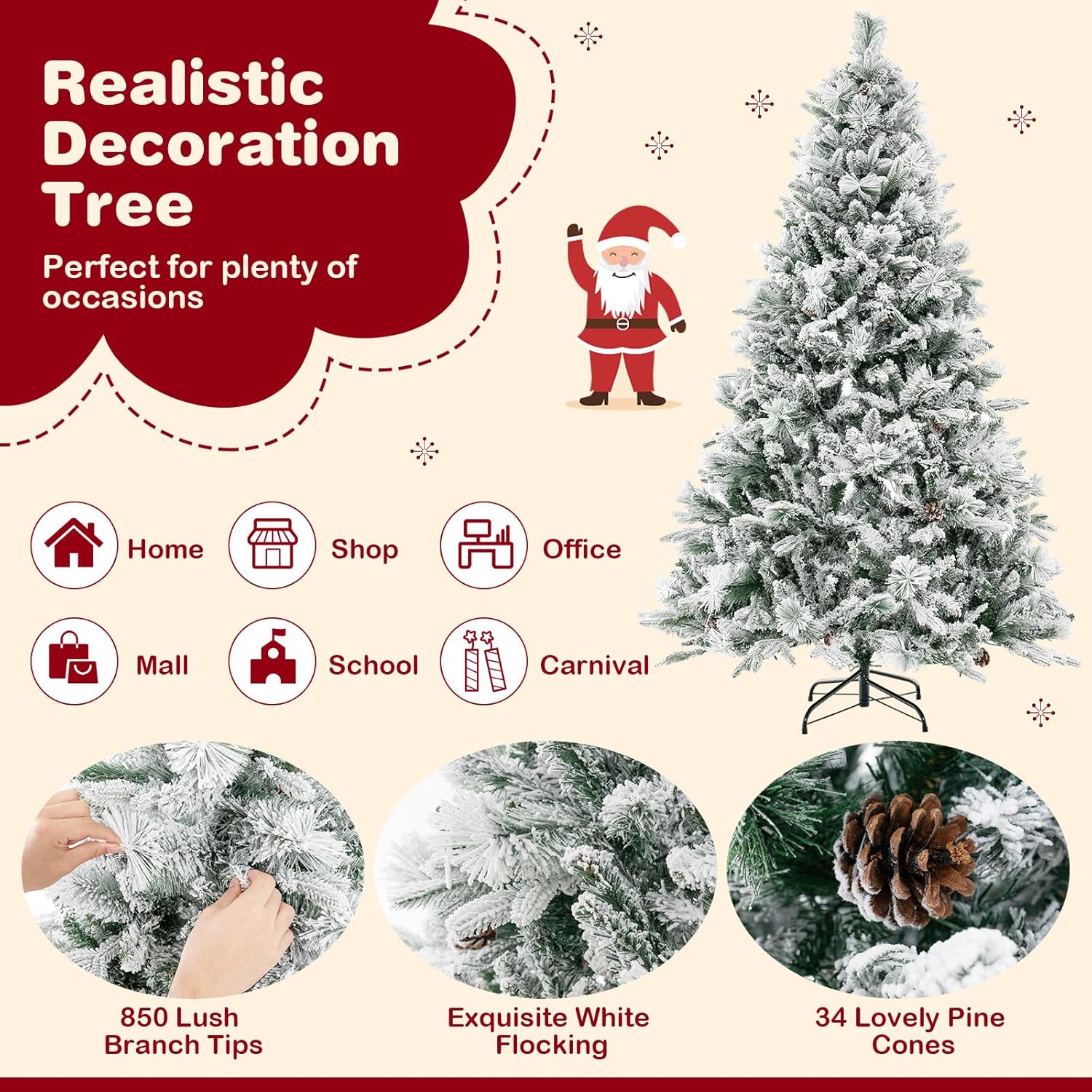 GOFLAME Árbol de Navidad artificial de 6 pies con agujas de pino, árbol de Navidad flocado de nieve con 850 puntas de ramas de polietileno y PVC,
