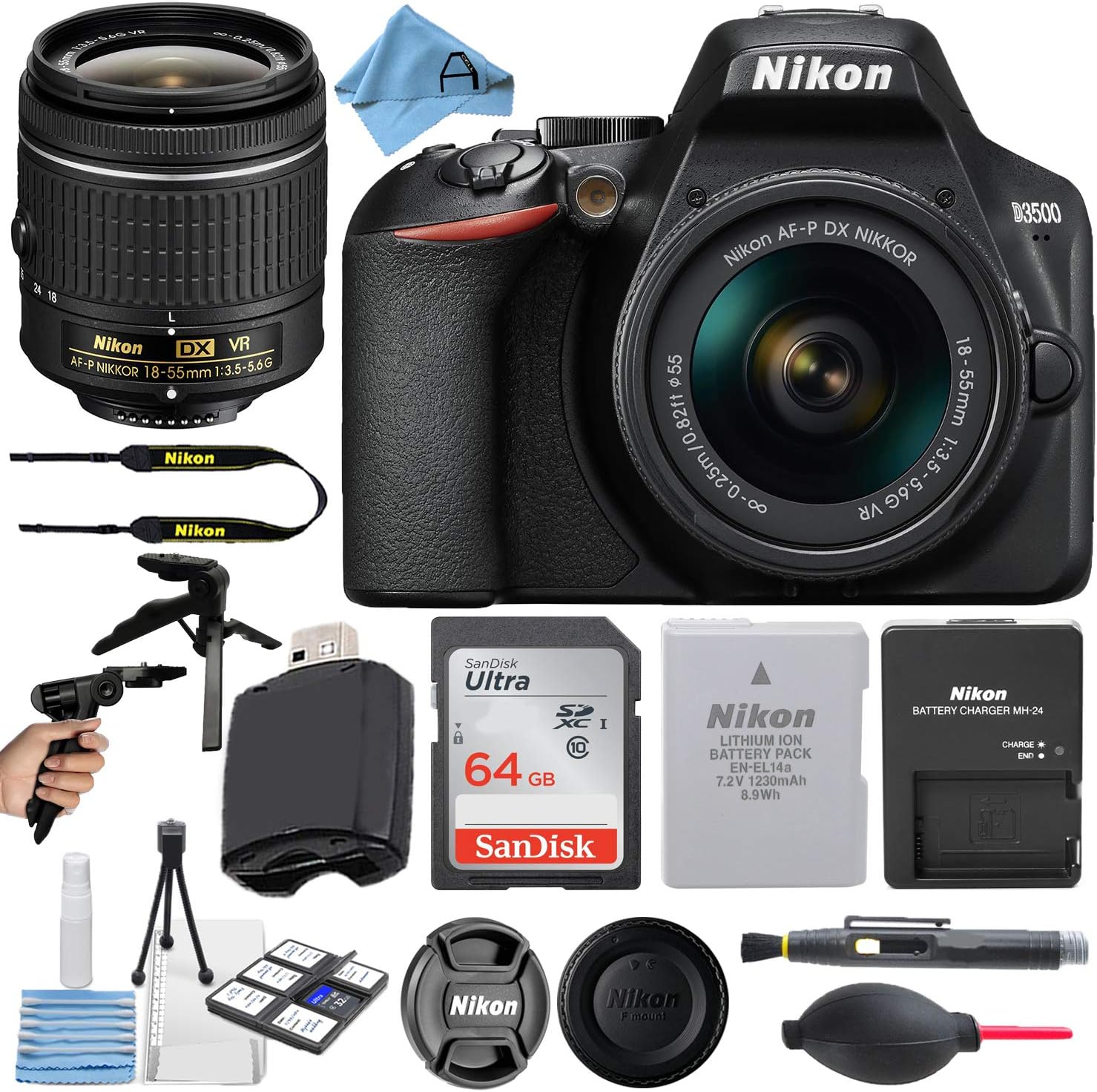Nikon D3500 – Cámara digital DSLR de 24.2 MP con lente NIKKOR VR de 0.709-2.165 in + tarjeta de memoria SanDisk de 64 GB + lector de tarjetas USB de
