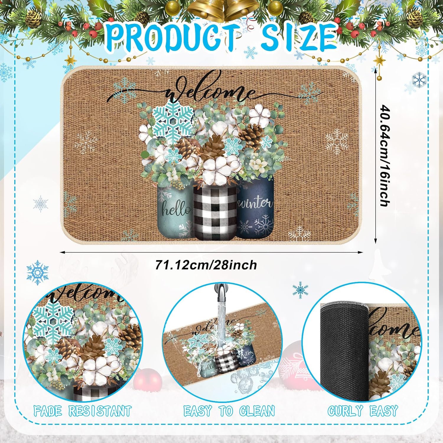 Timgle Tapetes de Navidad para puerta de invierno, antideslizantes, tapetes de bienvenida para interiores y exteriores, conos de pino, copos de