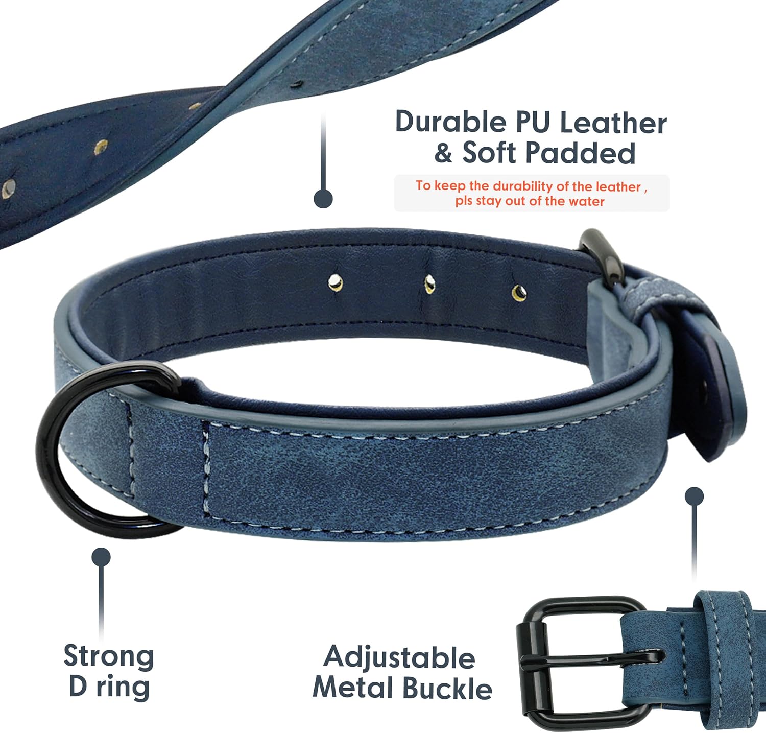 Didog Collar de cuero acolchado suave para perro, transpirable, resistente con hebilla metálica ajustable a prueba de óxido para perros pequeños,
