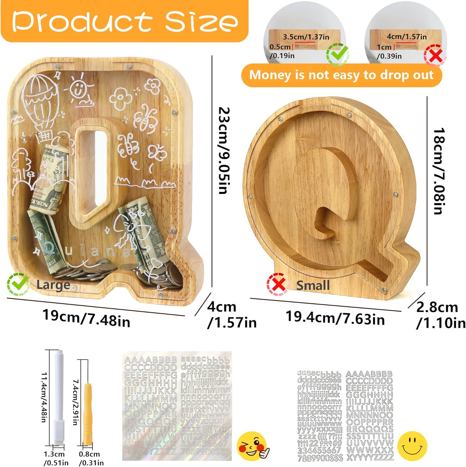 weallbuy Alcancía de madera grande con letras para niños y niñas, alcancías personalizadas de madera de la A a la Z con área objetivo, letras del