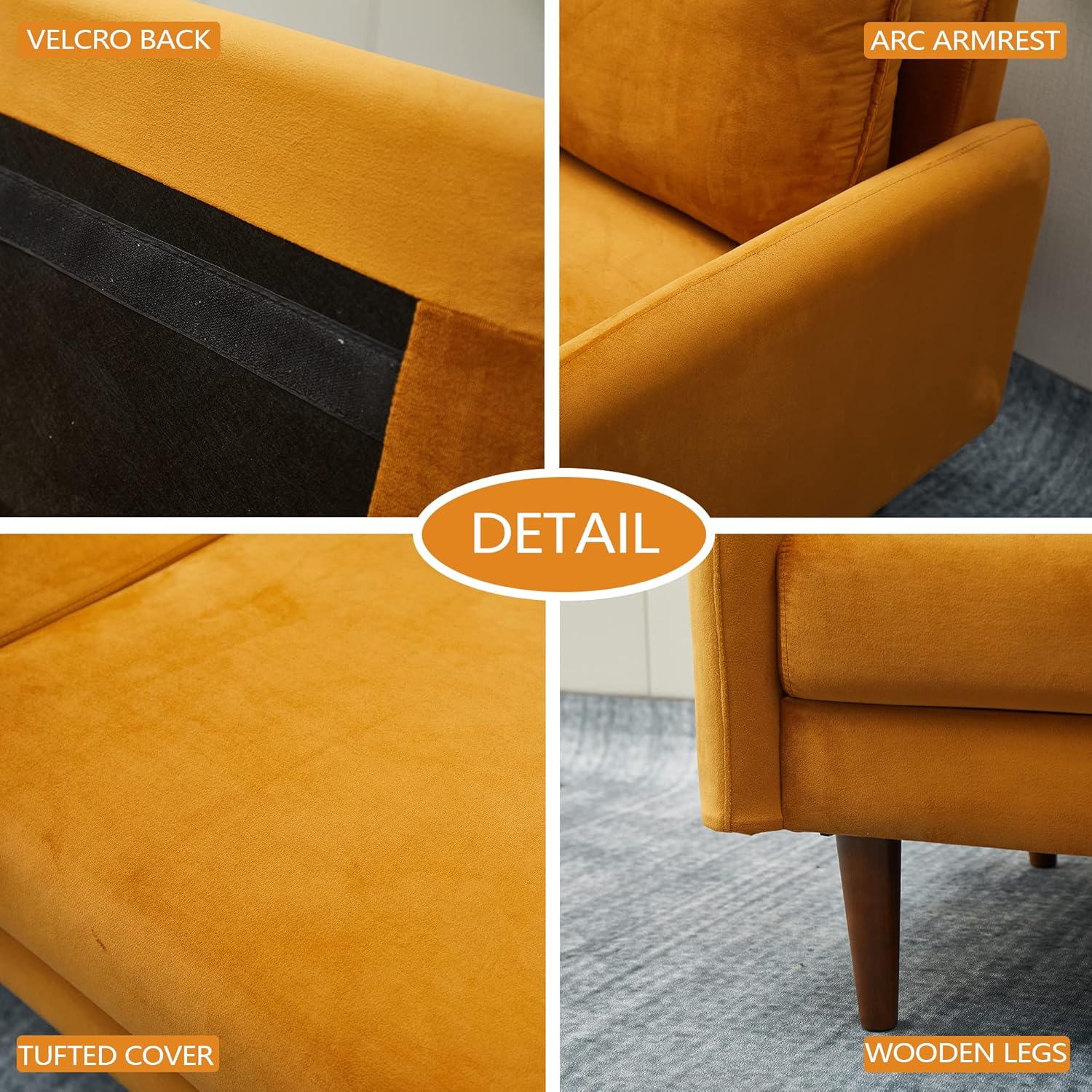 Sofá moderno de terciopelo con patas de madera para sala de estar, oficina, dormitorio, color jengibre