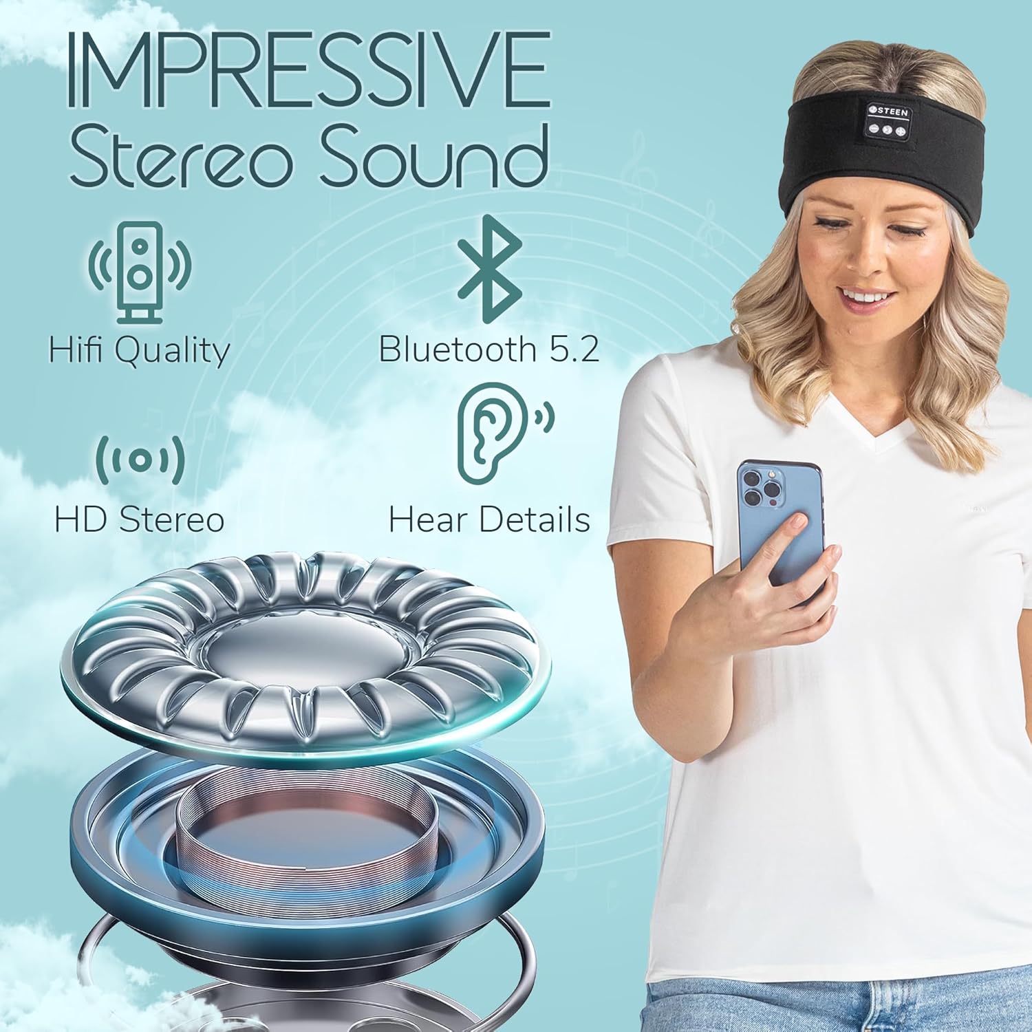 Steen – Auriculares Bluetooth para dormir, máscara inalámbrica Bluetooth para dormir con altavoces estéreo HD ultrafinos  Perfecto para dormir,