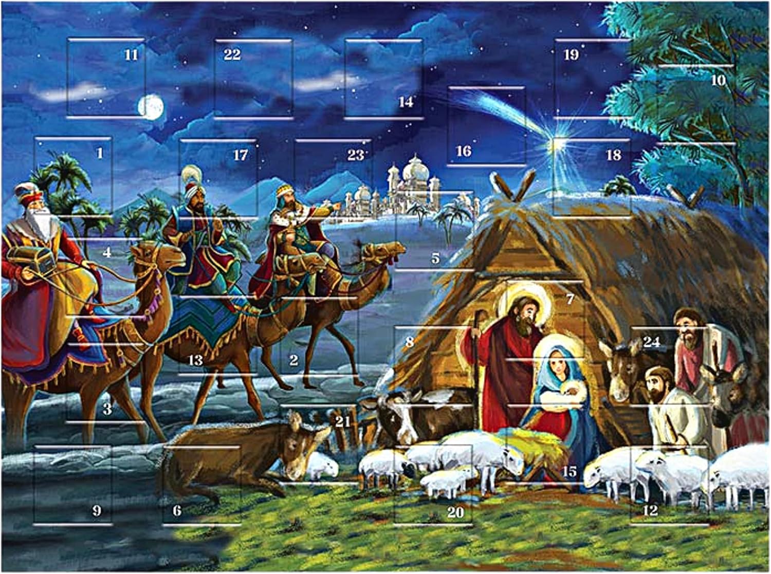 Calendario religioso de Adviento de cuenta regresiva para Navidad 2023, escena tradicional de pesebre a todo color, 24 pestañas de puerta, divertida