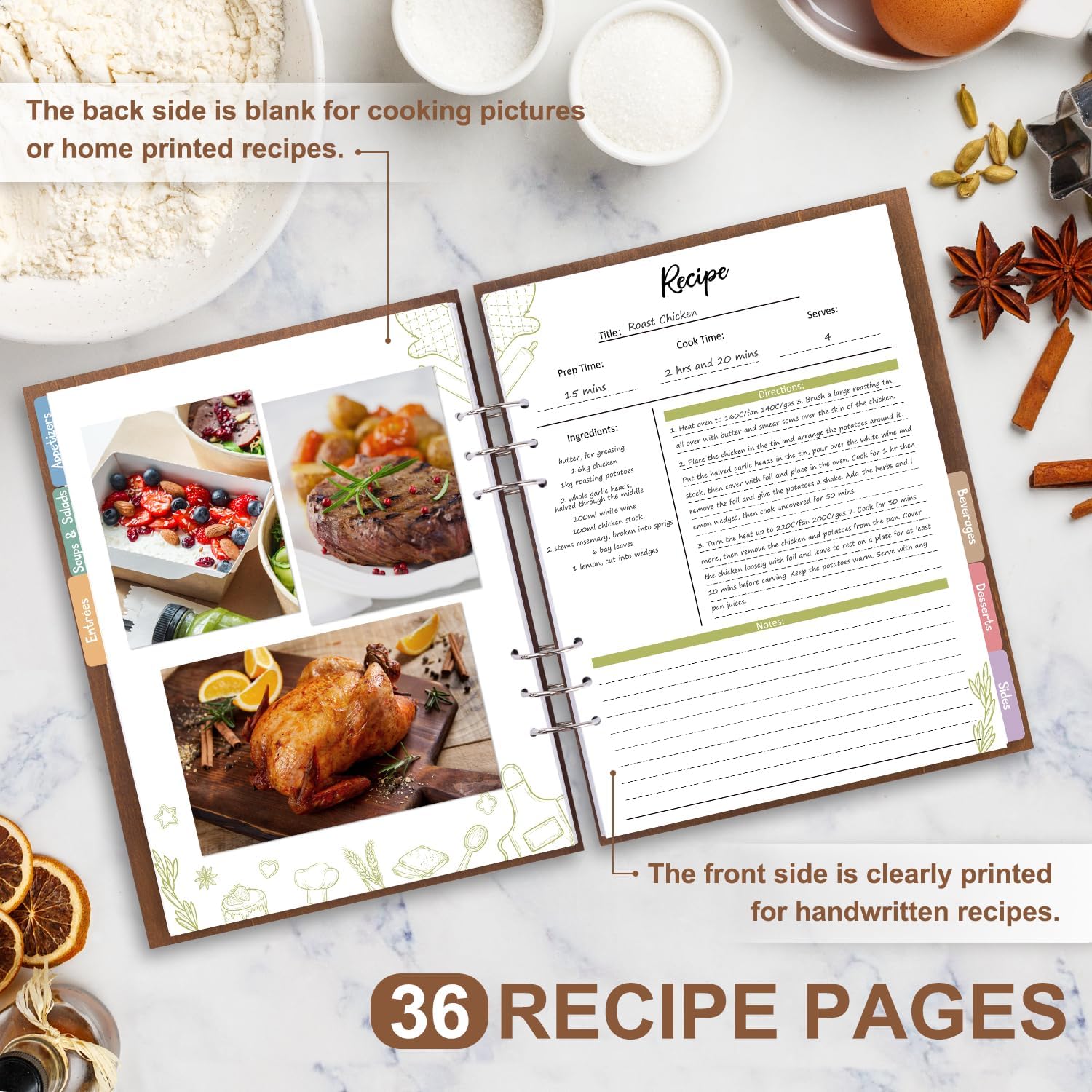 Creawoo Libro de recetas de madera para escribir en tus propias recetas, carpeta de recetas en blanco personalizada, libro de cocina, recetas