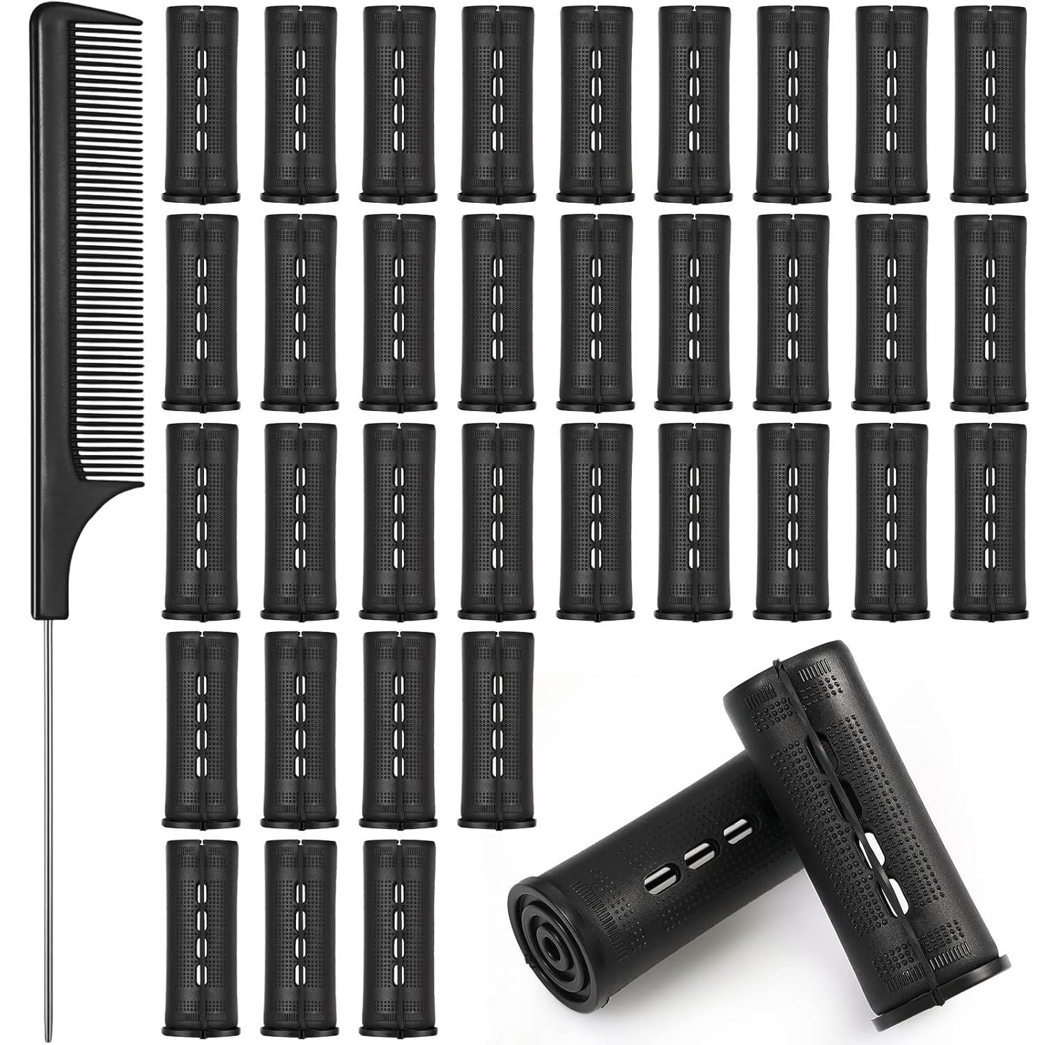 36 piezas de varilla de cabello ondulado frío, rodillos de cabello permanentes, rizadores con peine de cola de rata de acero para peluquería (negro,