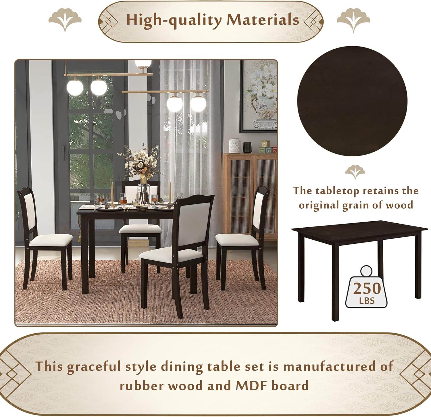 FIQHOME Juego de comedor de madera de 5 piezas, mesa rectangular de estilo simple americano con sillas tapizadas para espacio, color espresso