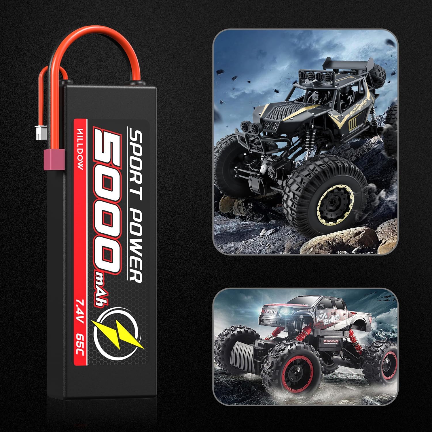 Hilldow Batería Lipo RC de 7.4 V 2S 65C 5000mAh Lipos Hard Case Baterías recargables con conector T estilo Dean para automóviles 18 110 RC camiones