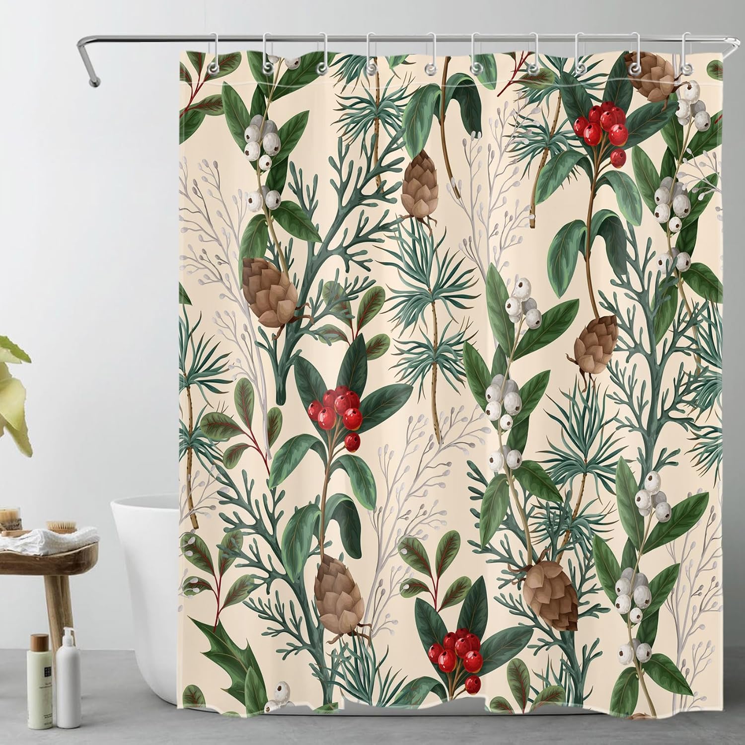 EOBTAIN Cortina de ducha rústica con hojas de plantas para baño, diseño de piña y fondo navideño rojo y verde, con 10 ganchos, juego de cortinas de