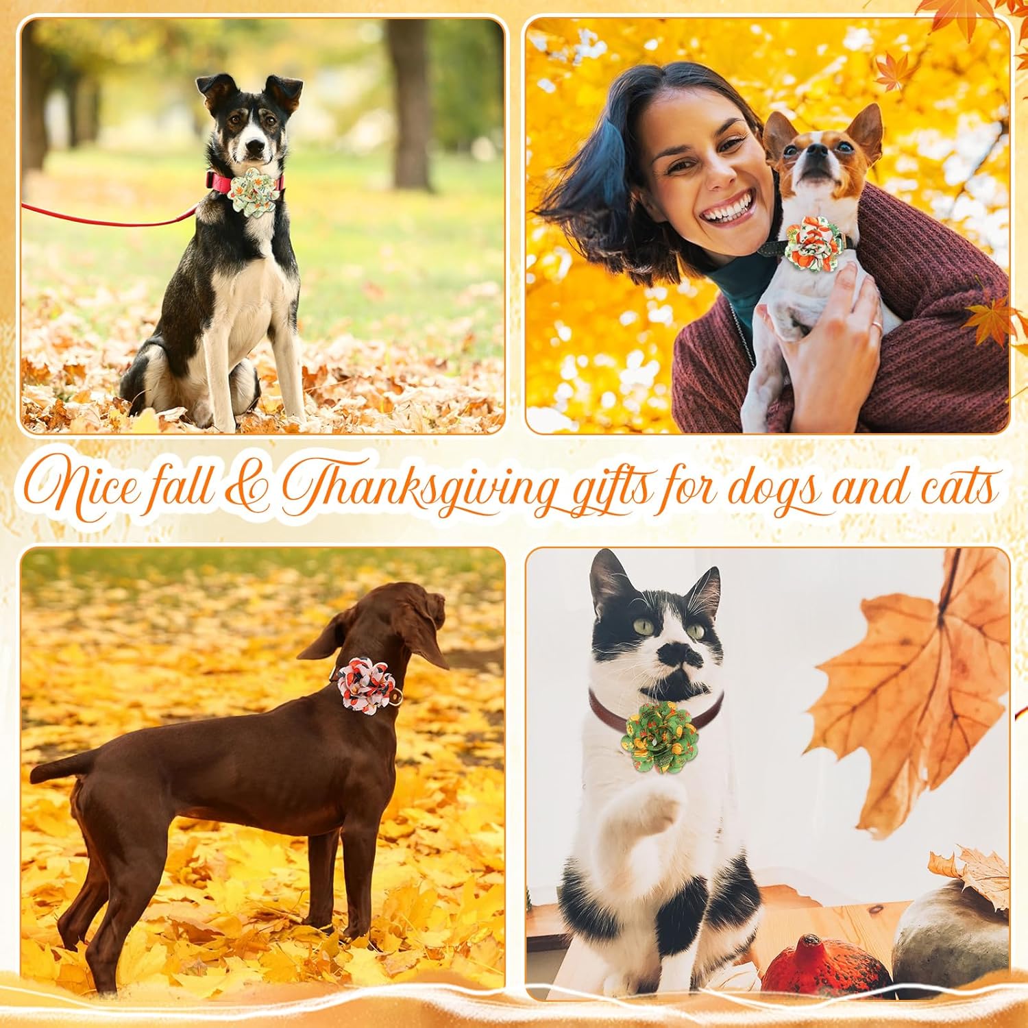 60 piezas de collar de otoño para perro, flores a granel, collar de flores de Acción de Gracias, corbatines, accesorios para perros de vacaciones,