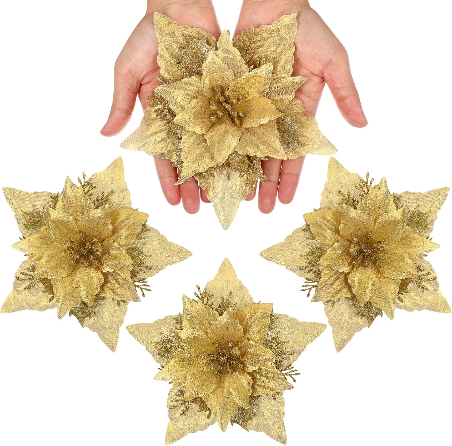 Gadpiparty 12 flores de pascua artificiales con purpurina para Navidad, flores artificiales con purpurina para decoración de árbol con clips y tallo