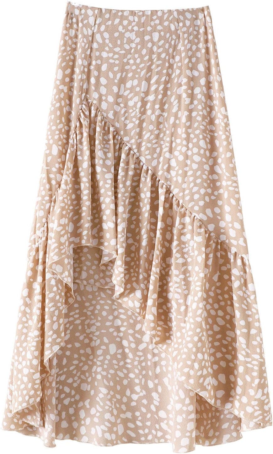 Bravetoshop – Falda midi de cintura alta con estampado floral bohemio para mujer, falda asimétrica con volantes y dobladillo acampanado