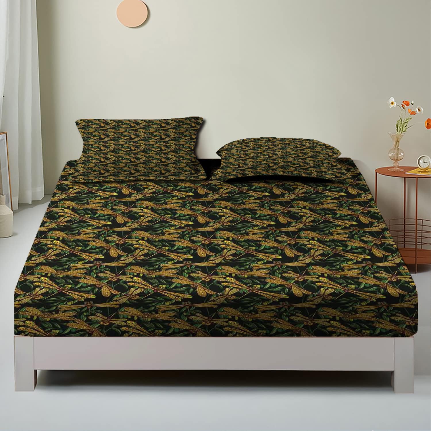 Juego de sábanas bajeras de tamaño matrimonial, diseño de ramas de olivo verde, juego de ropa de cama de 3 piezas con estampado decorativo, se