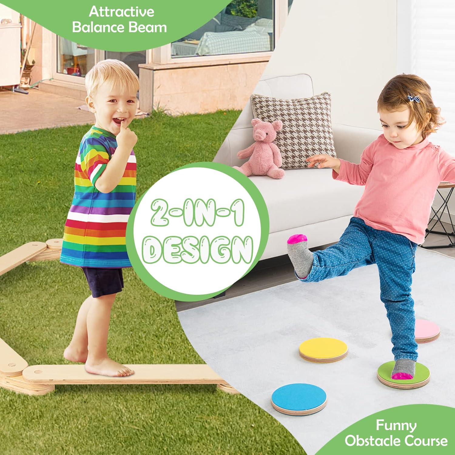 GLACER Viga de equilibrio para niños y escalones, tabla de equilibrio de madera para carrera de obstáculos de gimnasia, juguete Montessori, muebles