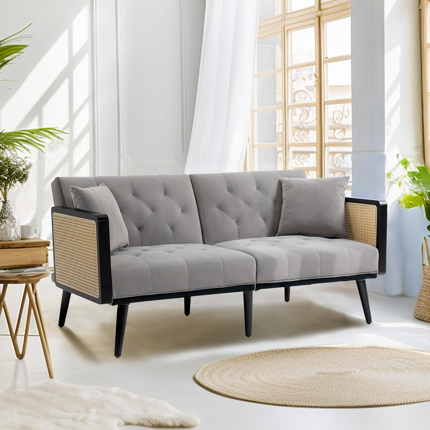 Dolonm Sofá de terciopelo de 62 pulgadas con reposabrazos de ratán y 2 almohadas, sofá biplaza con pies de metal, moderno sofá convertible futón,